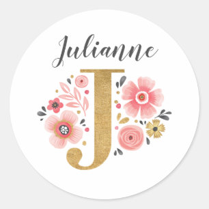 Elegant Pink Floral Monogram Initial Letter J Classic Round Sticker