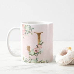 Elegant Pink Floral Monogram J Coffee Mug
