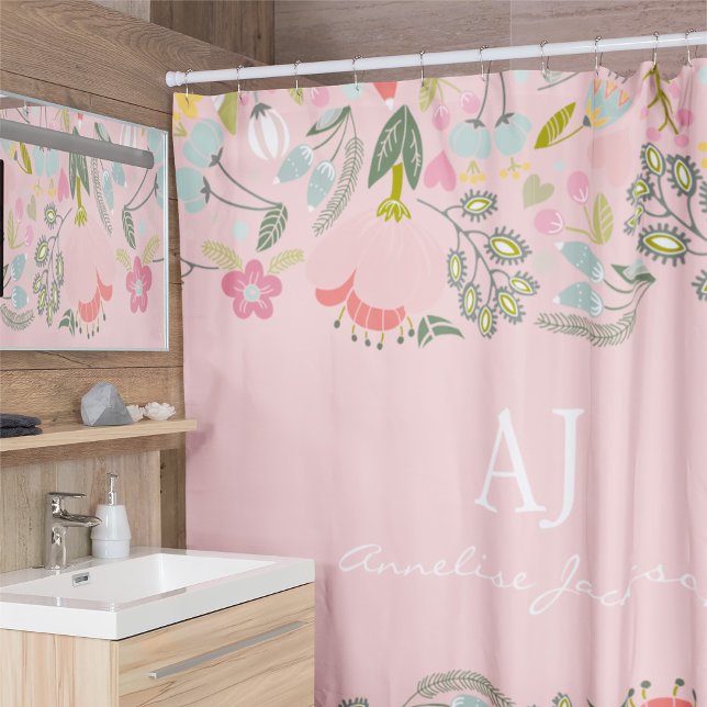 Elegant pink floral monogram name personalised shower curtain (Creator Uploaded)