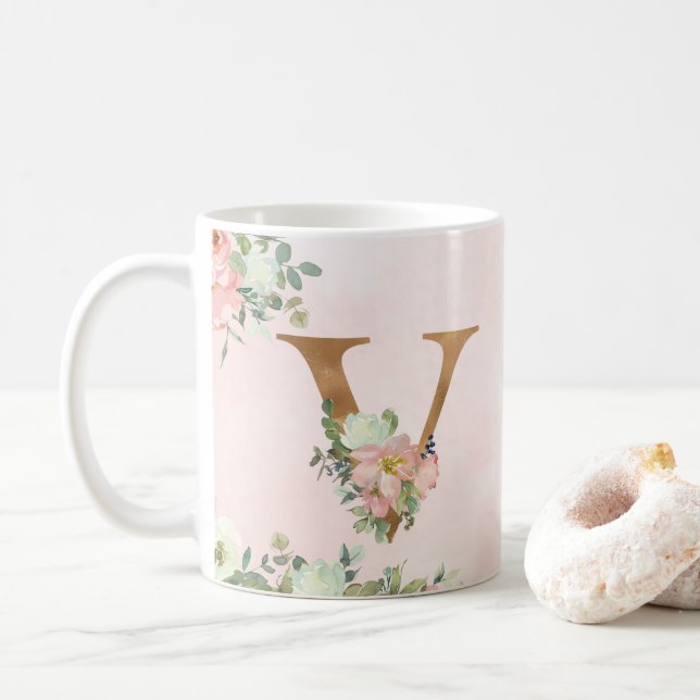 Elegant Pink Floral Monogram V Coffee Mug (With Donut)