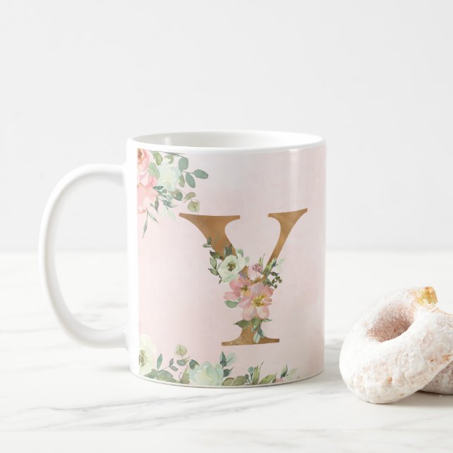 Elegant Pink Floral Monogram Y Coffee Mug (With Donut)