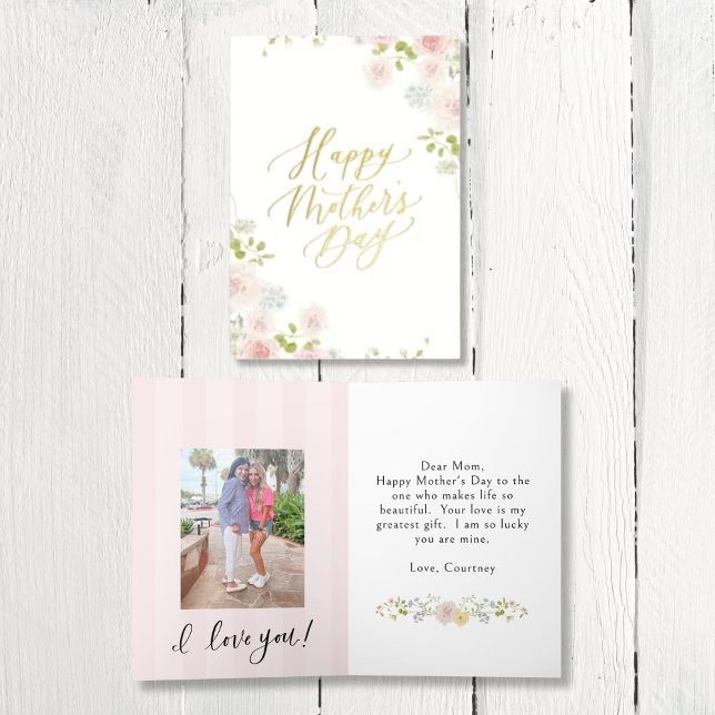 Elegant Pink Floral Mother's Day Foil Greeting Car Holiday Card (Elegant Floral Golf Foil Mother's Day Card | Editable Design with place to put a photo of you + mom!)