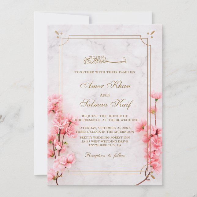 Elegant pink floral muslim wedding Invitations (Front)