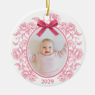 Elegant Pink Floral My First Christmas Photo Ceramic Tree Decoration