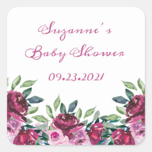 Elegant Pink Floral Name Date Script Baby Shower Square Sticker