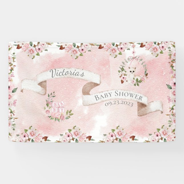 Elegant Pink Floral Name Girl Baby Shower Banner (Horizontal)