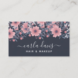 Elegant Pink Floral Navy Watercolor Business Card
