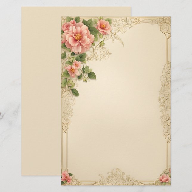 Elegant Pink Floral on Ivory Background Stationery (Front/Back)