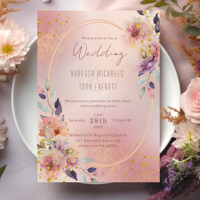 Elegant Pink Floral Oval Geometric Frame Wedding Invitation (Elegant Pink Floral Oval Geometric Frame Wedding Invitation)