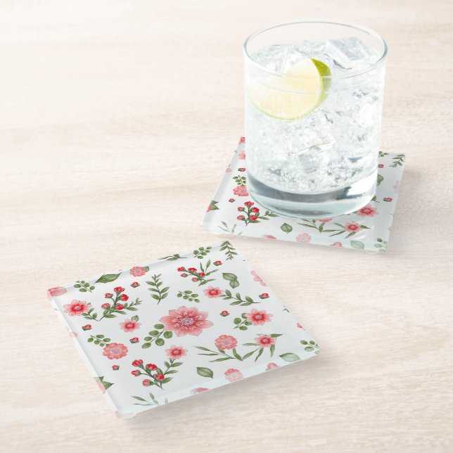 Elegant Pink Floral Pattern  Glass Coaster (Angled)