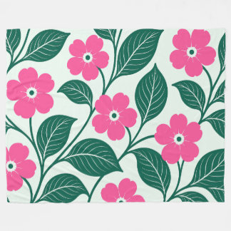 Elegant Pink Floral Pattern with Dark Green Leaves Fleece Blanket