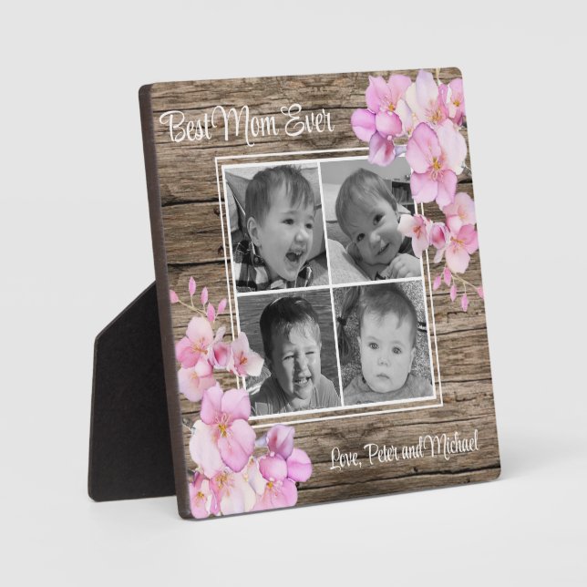 Elegant pink floral personalised four photos plaque (Front)