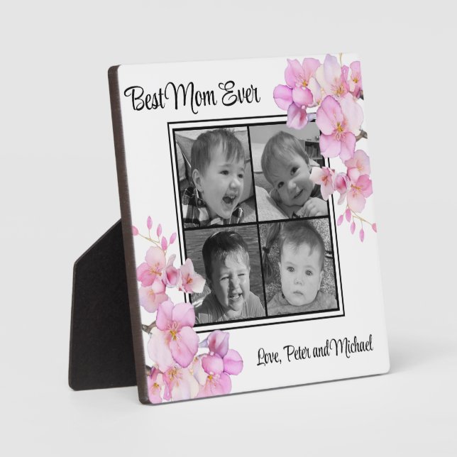 Elegant pink floral personalised four photos plaque (Front)