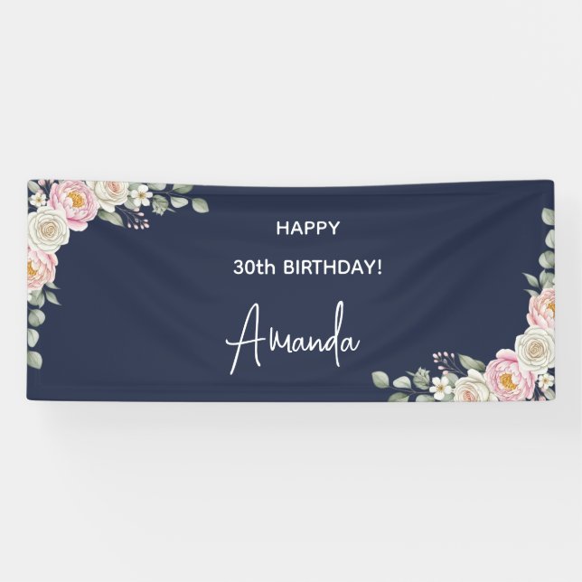 Elegant Pink Floral Personalized Birthday Banner (Horizontal)