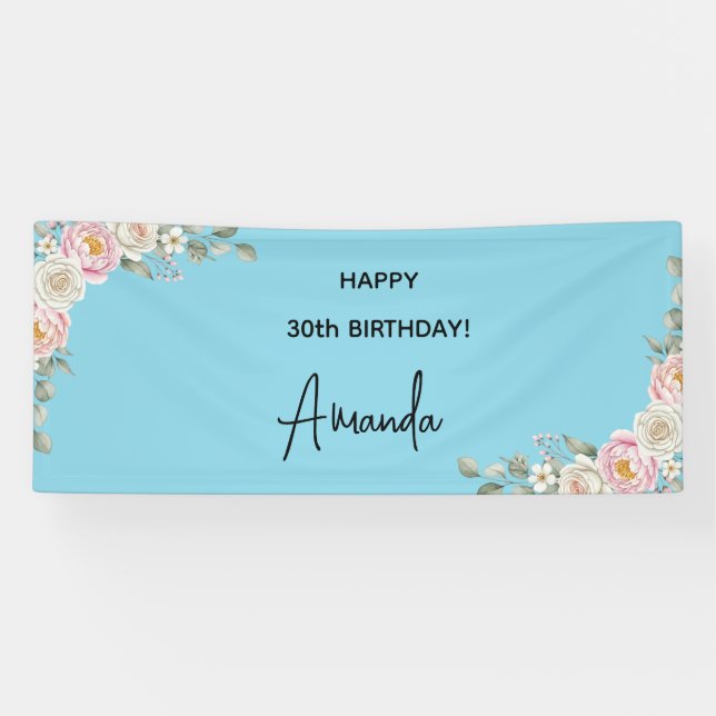 Elegant Pink Floral Personalized Birthday Banner (Horizontal)