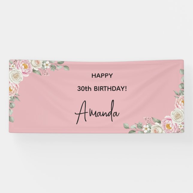 Elegant Pink Floral Personalized Birthday Banner (Horizontal)