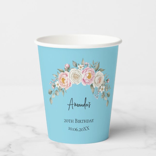 Elegant Pink Floral Personalized Disposable Cup (Back)