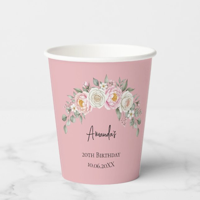 Elegant Pink Floral Personalized Disposable Cup (Back)