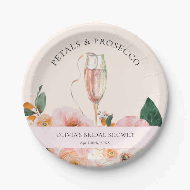 Elegant Pink Floral Petals Prosecco Bridal Shower Paper Plate (Front)