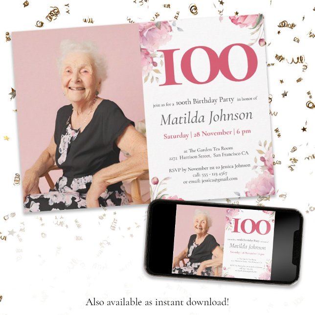 Elegant Pink Floral Photo 100th Birthday Party Invitation (Photo 100th Birthday Elegant Pink Floral Custom Invitation)