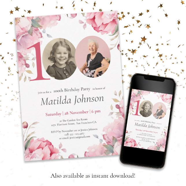 Elegant Pink Floral Photo 100th Birthday Party Invitation (100th Birthday Pink Floral Elegant Custom Photo Invitation)