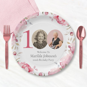 Elegant Pink Floral Photo 100th Birthday Party Paper Plate