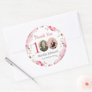 Elegant Pink Floral Photo 100th Birthday Thank You Classic Round Sticker