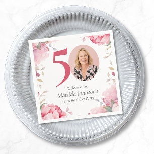 Elegant Pink Floral Photo 50th Birthday Party Napkin