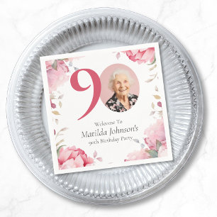 Elegant Pink Floral Photo 90th Birthday Party Napkin