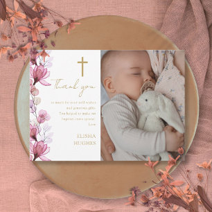 Elegant Pink Floral Photo Baptism Christening Thank You Card