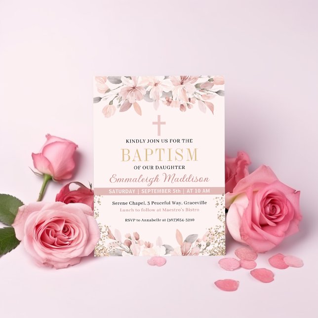 Elegant Pink Floral Photo Baptism Invitation (Creator Uploaded)