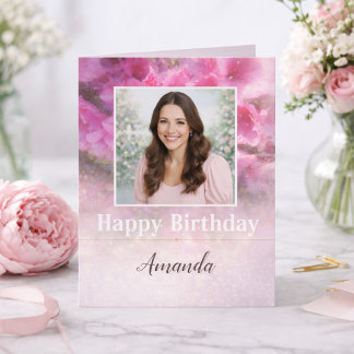 Elegant Pink Floral Photo Birthday for Her Card