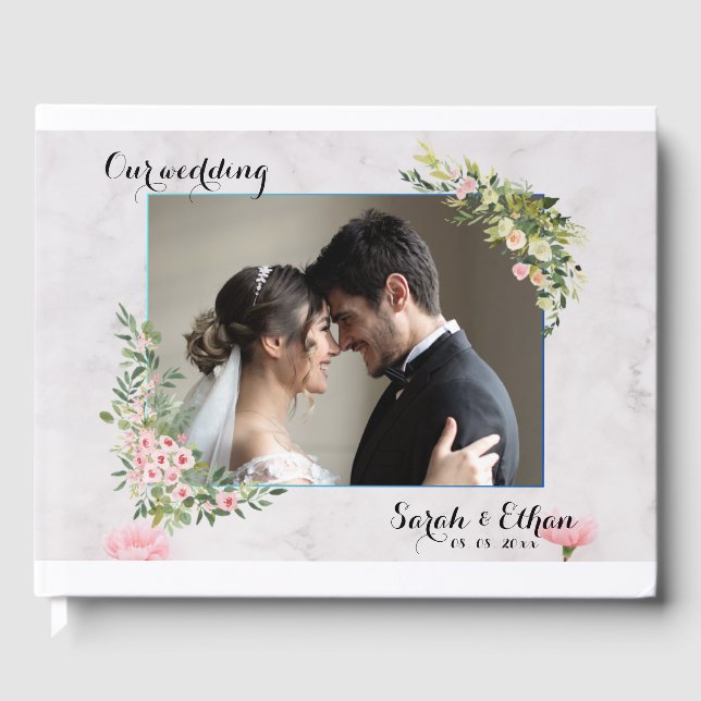 Elegant Pink floral Photo Cherry Blossom Wedding  Guest Book (Front)
