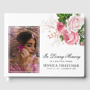 Elegant Pink Floral Photo Memorial Keepsake Guest Book