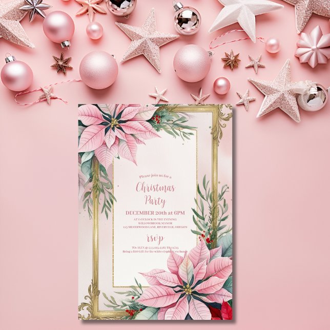 Elegant Pink Floral Poinsettia Christmas Party Inv Invitation (Creator Uploaded)