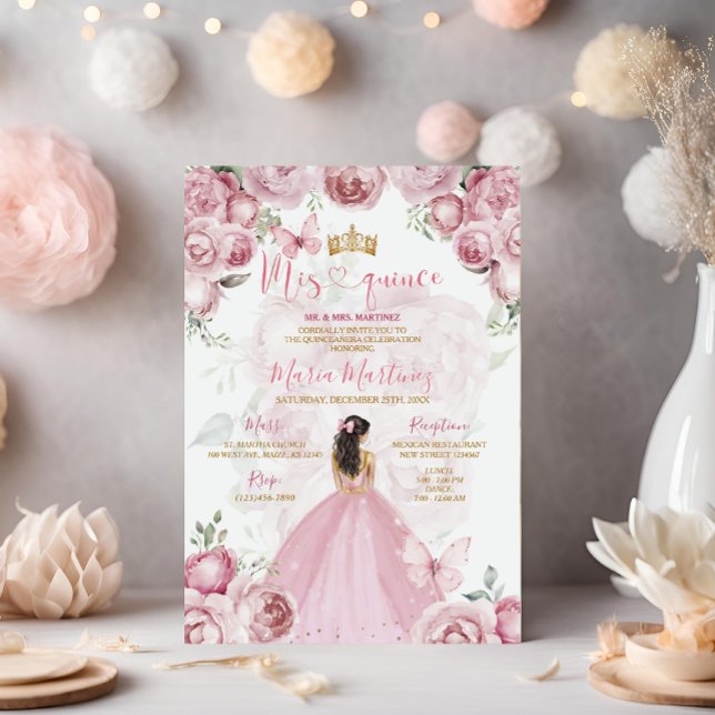 Elegant Pink Floral Princess Butterfly Mis Quince Invitation (Creator Uploaded)