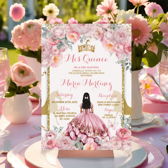 Elegant Pink Floral Princess Butterfly Quinceañera Invitation (Creator Uploaded)