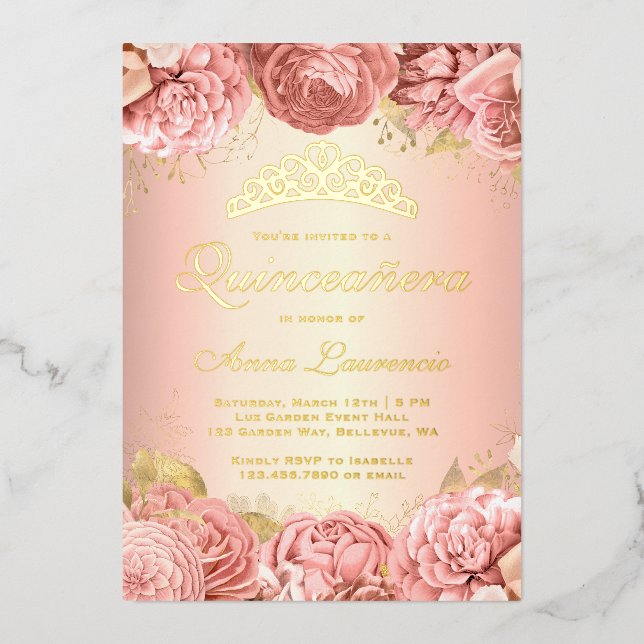 Elegant Pink Floral Quinceanera 15th Birthday (Front)