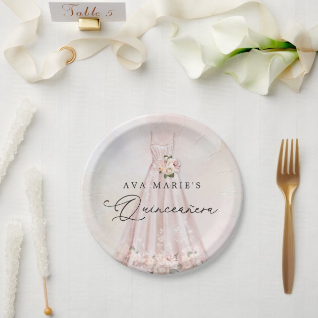 Elegant Pink Floral Quinceañera Birthday Paper Plate (Wedding)