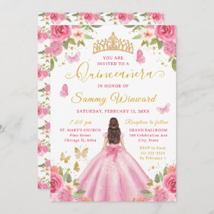 Elegant Pink Floral Quinceañera Invitation
