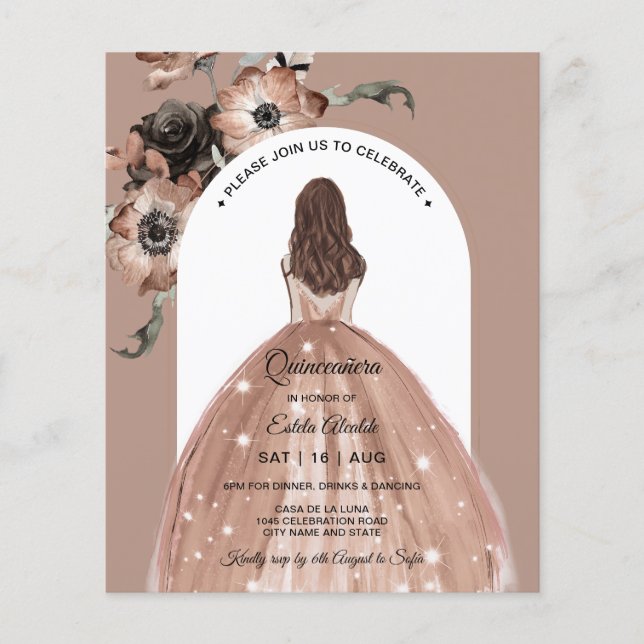 Elegant Pink Floral Quinceañera Invite Budget (Front)