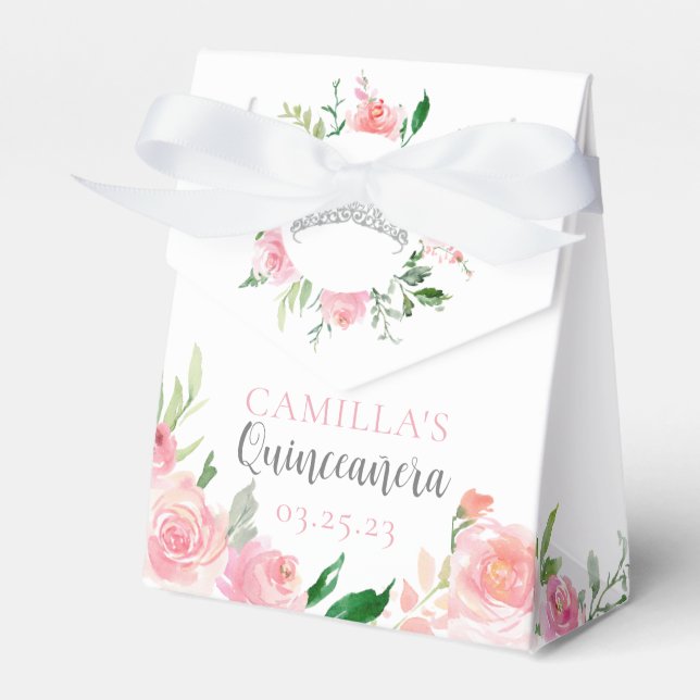 Elegant Pink Floral Quinceañera Silver Tiara Party Favour Box (Front Side)