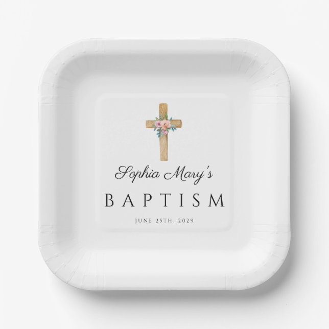 Elegant Pink Floral Religious Cross Baptism Paper Plate (Front)