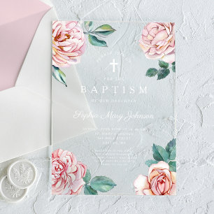 Elegant Pink Floral Religious Cross Girl Baptism Acrylic Invitations