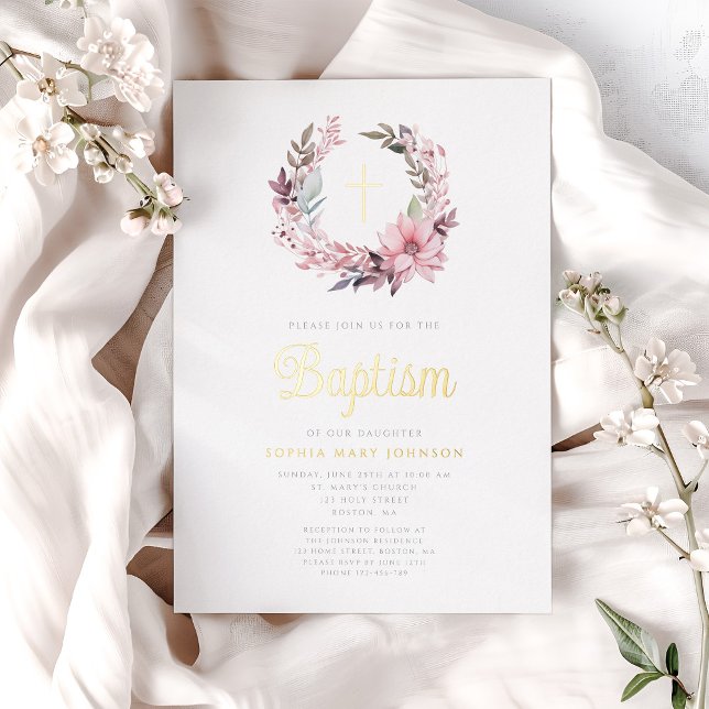 Elegant Pink Floral Religious Girl Baptism  (Elegant Pink Floral Religious Girl Baptism Foil Invitation)