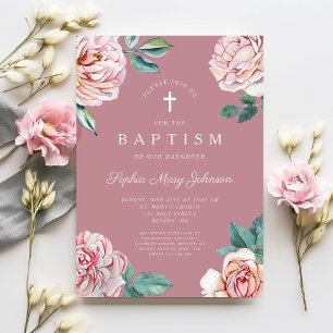 Elegant Pink Floral Religious Girl Baptism Invitation