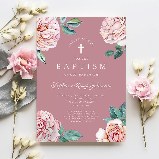 Elegant Pink Floral Religious Girl Baptism Invitation (Religious Cross Dusty Pink Peonies Girl Baptism Invitation)