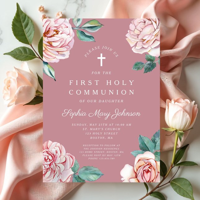 Elegant Pink Floral Religious Girl First Communion Invitation (Elegant Pink Floral Religious Girl First Communion Invitation)