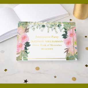 Elegant Pink Floral Retirement Party Gold Foil  Guest Book