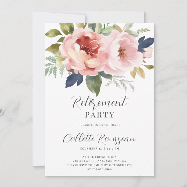 Elegant Pink Floral Retirement Party Invitation (Front)